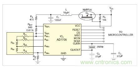 圖1：測量電路測三個(gè)點(diǎn)的值，微控制器就可以計(jì)算出傳感器值。