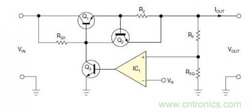 圖1：一個標(biāo)準(zhǔn)的線性穩(wěn)壓器直接將反饋連接到串聯(lián)導(dǎo)通晶體管上。