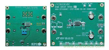 圖2：在低壓降壓轉換器使用EPC9101及經(jīng)過修改的DC1640A-B演示板的比較