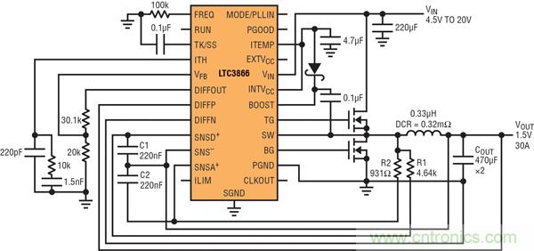 圖2：以非常低的DCR完成采樣的高效率、1.5V/30A降壓型轉(zhuǎn)換器