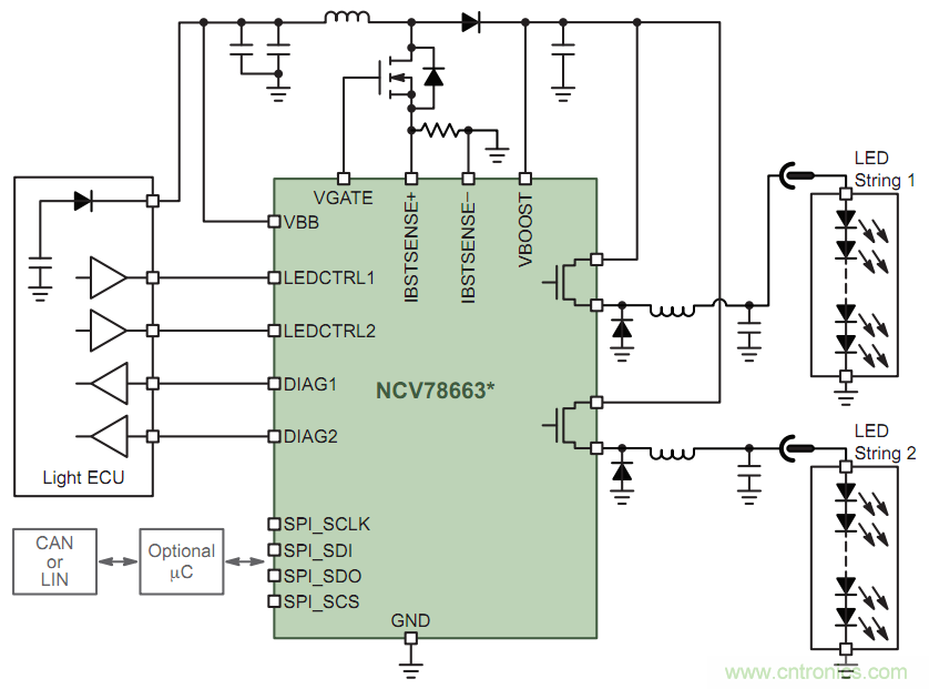 安森美半導體單芯片智能前照燈LED驅(qū)動器NCV78663應用電路圖
