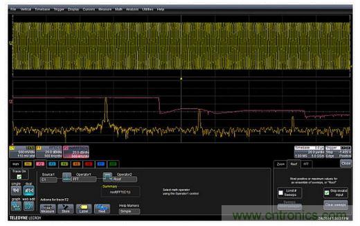 紅色曲線F2(中心)顯示了掃頻正弦波FFT中的每個(gè)頻率的峰值或最大值。曲線F1(底部)是沒(méi)有應(yīng)用最高或最大值的FFT。F2描述符盒子顯示了最高功能的設(shè)置