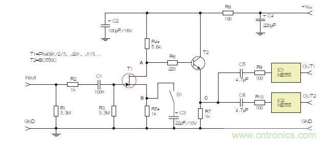 所示電路采用兩個(gè)工作在不同頻率下的555定時(shí)器，以獲取不同的音