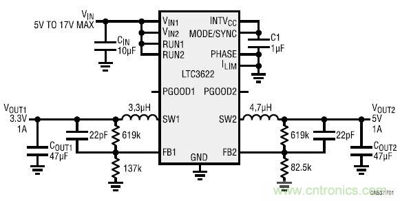 17V輸入、雙路1A輸出的同步降壓型穩(wěn)壓器