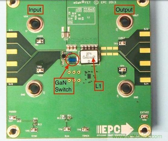 演示板用于顯示GaN的EMI。該GaN組件被圈定，我會在L1左側(cè)測量切換的波形。