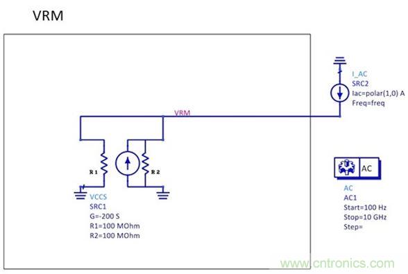 圖1:70A/V的跨導(dǎo)源與負反饋連接在一起(注意SRC1中的負號)。SRC2是一種交流信號，用于監(jiān)視與頻率有關(guān)的輸出阻抗。