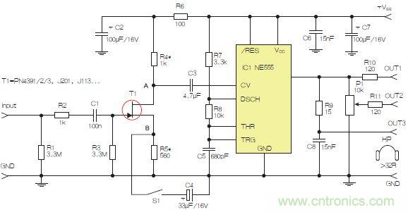 圖2：含JFET輸入和NE555的耳機(jī)/線路驅(qū)動(dòng)器。