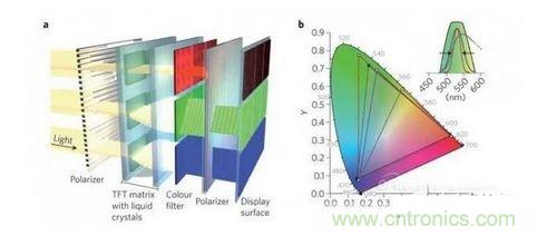  LCD顯示器示意圖。TFT表示薄膜晶體管（thin-film transistor）。