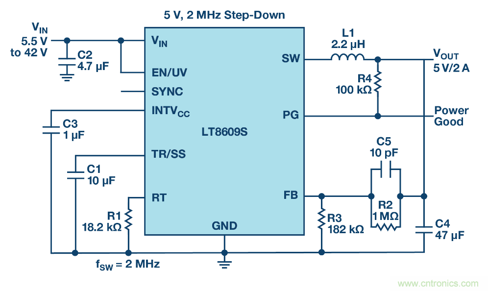 具 2.5 &mu;A 靜態(tài)電流和超低 EMI 輻射的 42 V、2 A/3 A 峰值同步降壓型穩(wěn)壓器