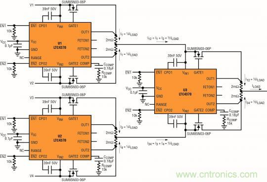 針對三個或四個電源的簡易平衡負載均分，即使電源電壓不等也絲毫不受影響