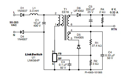 LinkSwitch-LP 系列旨在取代手機(jī)/無繩電話、PDA、數(shù)碼相機(jī)和便攜式音頻播放器等應(yīng)用中輸出功率 < 2.5 W 的低效線頻線性變壓器電源。LinkSwitch-LP 還可用作白色家電等應(yīng)用中的輔助電源。  LinkSwitch-LP 將高壓功率 MOSFET 開關(guān)與 ON/OFF 控制器集成在一個設(shè)備中。它完全由漏極引腳自供電，具有低 EMI 的抖動開關(guān)頻率，并且具有全面的故障保護(hù)。自動重啟可限制過載和輸出短路條件下的器件和電路耗散，而遲滯過溫保護(hù)會在熱故障期間禁用內(nèi)部 MOSFET。EcoSmart 技術(shù)使設(shè)計(jì)能夠輕松實(shí)現(xiàn) < 150 mW 的空載功耗，滿足能源效率要求。  LinkSwitch-LP 的設(shè)計(jì)目的是在輸出功率低于 2.5 W 時無需初級側(cè)鉗位電路，從而顯著減少組件數(shù)量和總系統(tǒng)成本。圖 1 顯示了基于 LinkSwitch-LP 的 2 W 電源，不帶初級側(cè)鉗位。LinkSwitch-LP 系列經(jīng)過優(yōu)化，當(dāng)變壓器上的輔助或偏置繞組提供反饋時，可提供近似的 CV/CC 輸出特性。這非常適合取代工頻變壓器的應(yīng)用，提供兼容的輸出特性，但過載、短路電流和輸入線電壓變化較小。  　  在無鉗位設(shè)計(jì)中使用 LinkSwitch-LP 的基本電路原理圖。  快速開始  　 LinkSwitch-LP 反激式設(shè)計(jì)流程圖