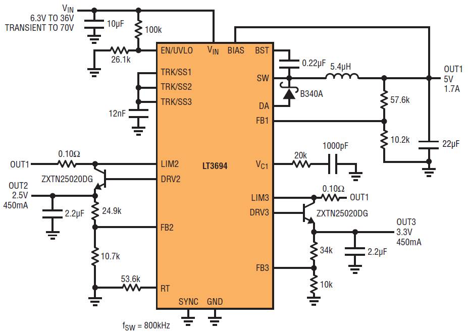 兩個(gè)低壓差線(xiàn)性穩(wěn)壓器創(chuàng)建極其緊湊的三路輸出解決方案