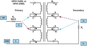   材料  ? ADALM2000主動(dòng)學(xué)習(xí)模塊 ? 無(wú)焊試驗(yàn)板和跳線套件 ? 一臺(tái)HPH1-1400L 6繞組變壓器 ? 一臺(tái)HPH1-0190L 6繞組變壓器 ? 兩個(gè)100 Ω電阻  說(shuō)明  在無(wú)焊試驗(yàn)板上構(gòu)建圖2所示的電路。需要使用此設(shè)置來(lái)測(cè)量初級(jí)/次級(jí)匝數(shù)比為1:1的三種不同配置下，兩個(gè)變壓器型號(hào)各自的頻率響應(yīng)。兩個(gè)紅色箭頭表示在初級(jí)和次級(jí)使用同一個(gè)線圈的配置中連接源電阻和負(fù)載電阻的位置。藍(lán)色箭頭對(duì)應(yīng)的是在初級(jí)和次級(jí)使用兩個(gè)串聯(lián)線圈的配置。綠色箭頭對(duì)應(yīng)的是在初級(jí)和次級(jí)使用三個(gè)串聯(lián)線圈的配置。